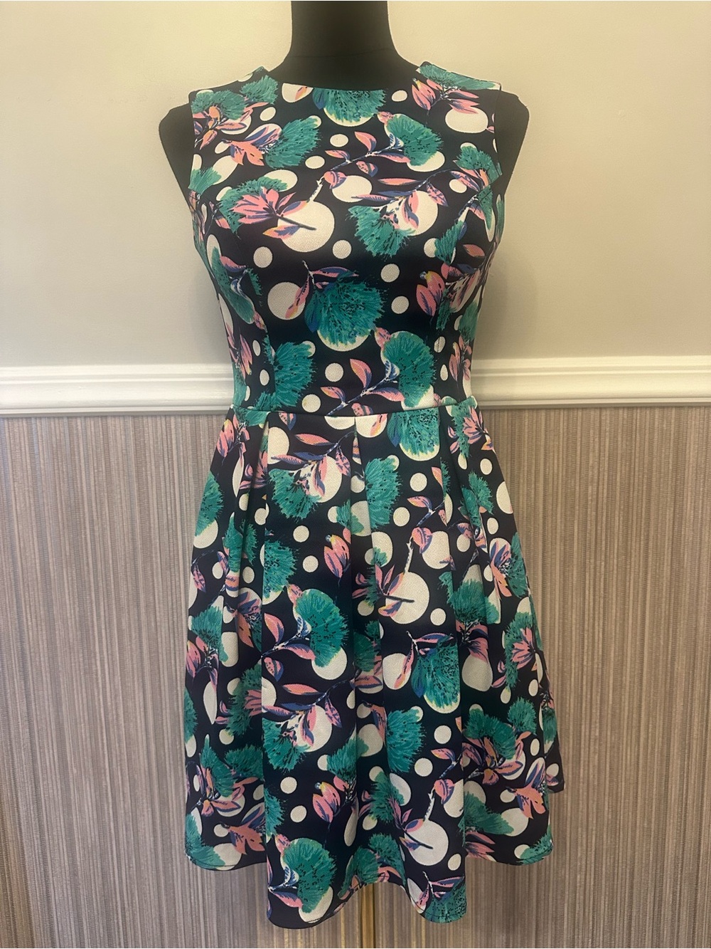 Zara Trafaluc Floral Polka Dot Fit & Flare Dress Teal Pink Sleeveless Skater M